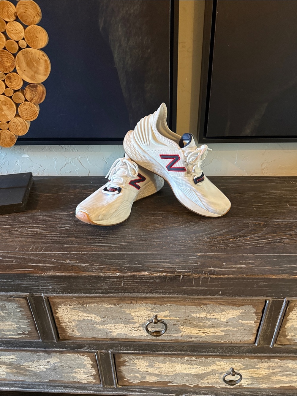 New Balance Kids White Sneakers with Navy & Red Details